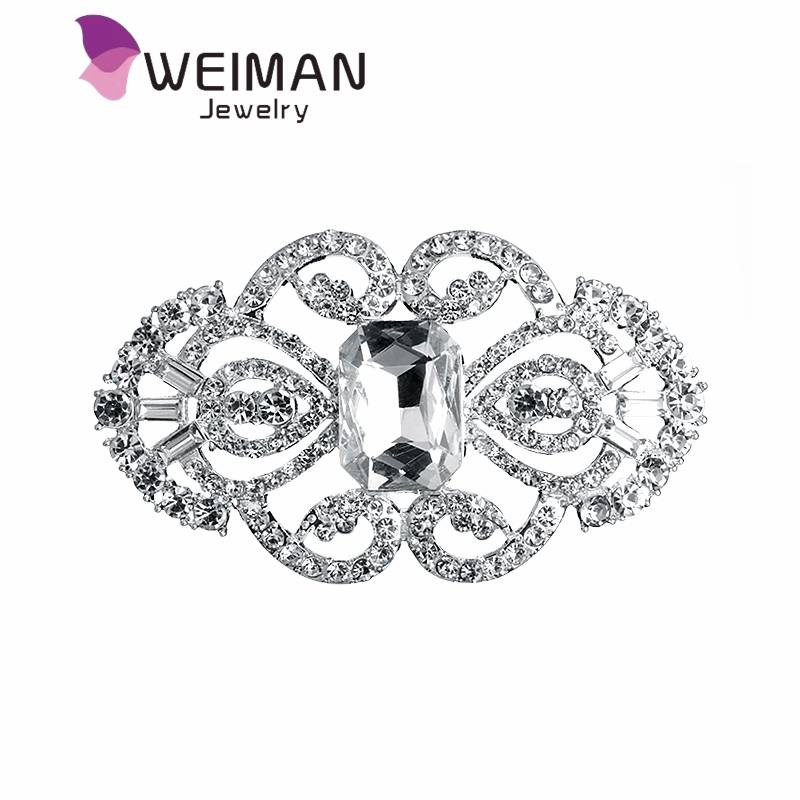 Art Deco Silver Color Plated Crystal Rhinestones Brooch Pins For Women Or Wedding Bouquets